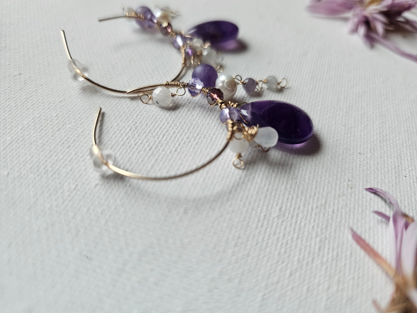 Amethyst pearl moonstone 14k gold fill hoops