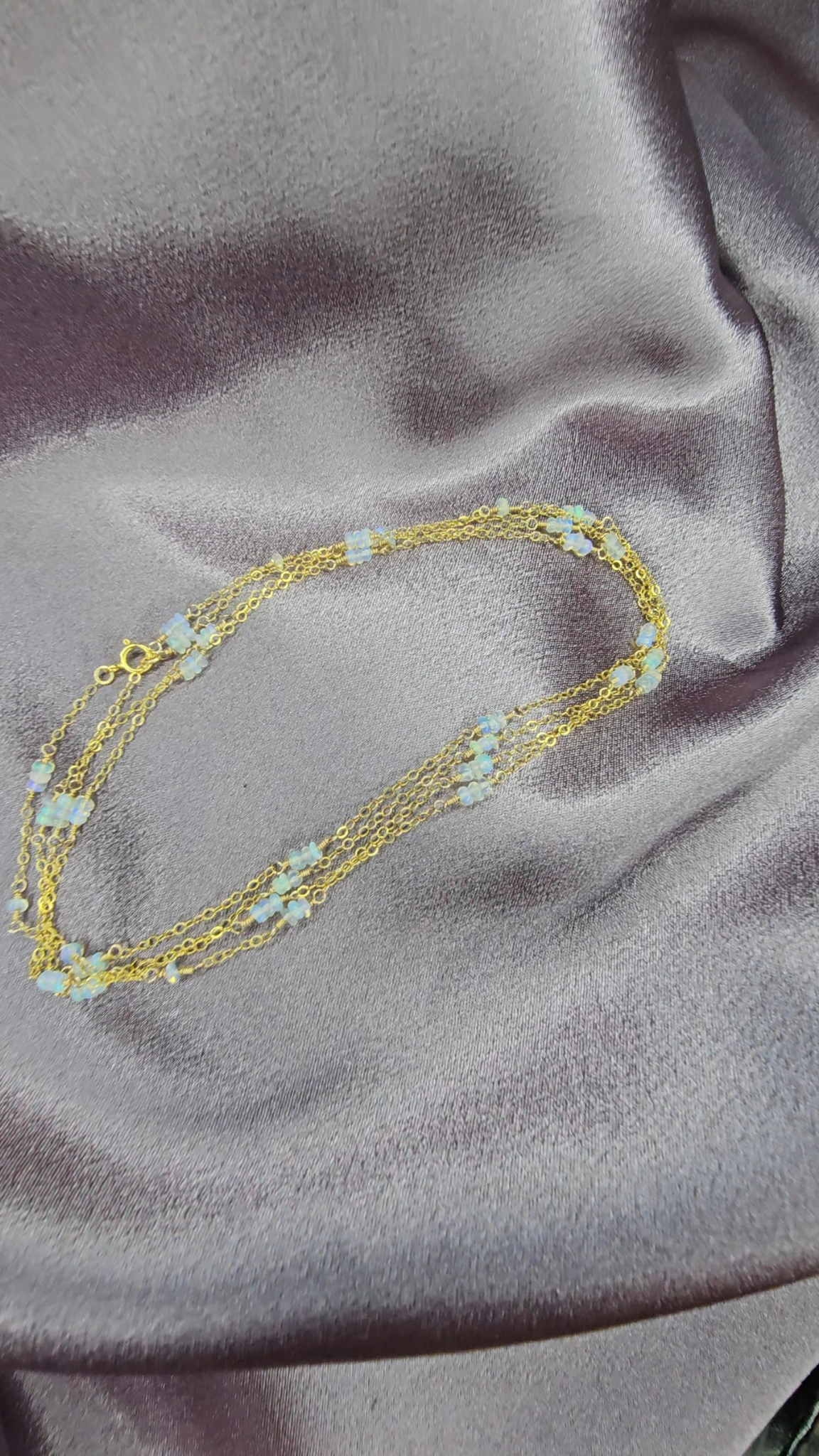 White Fire Opal extra long opal 14k Gold Fill Chain wrap.