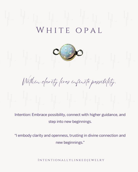 White Opal connector in 14k gold filled, symbolizing clarity and wholeness, welded for intentional permanent jewelry in Maryland Baltimore